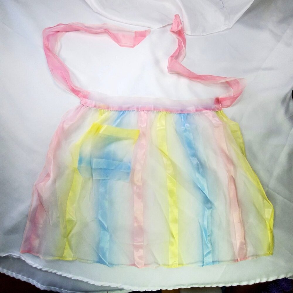 VTG Pastel Rainbow Sheer Organza Apron Pink Yellow & Blue Stripes See-through - Picture 2 of 6